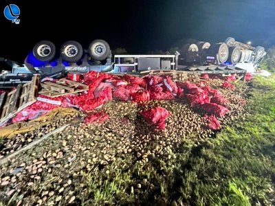 Caminhão carregado de batatas tomba na BR-285